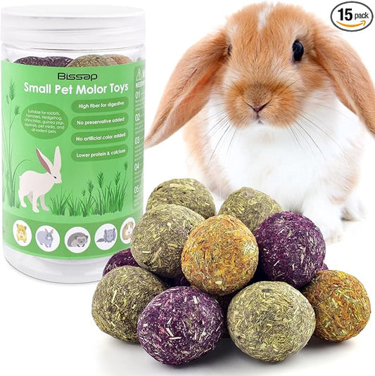 Bissap Bunny Chew Toys 15PCS, 100% Natural Flowers Flavored Timothy Hay Balls Rabbit Chew Treats for Hamster Guinea Pigs Rats Chinchillas Gerbils and Other Small Animals Teeth Care