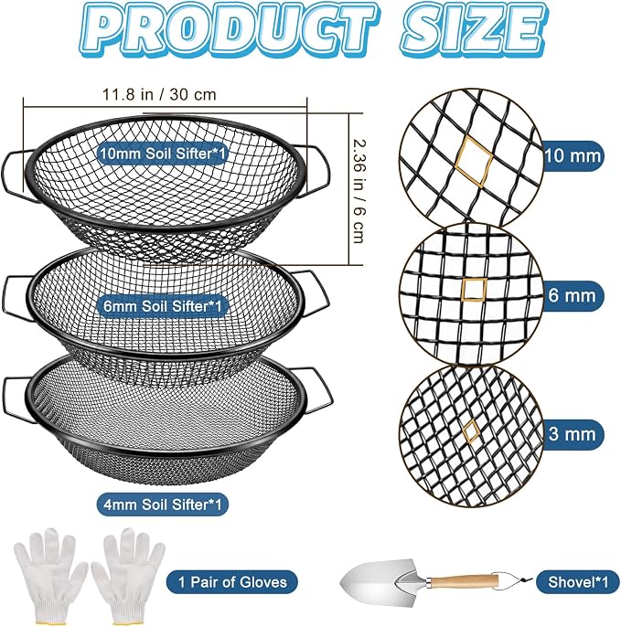 3PCS Soil Sifter for Gardening, Rock Soil Sifter with Handle Compost Sifting Screen for 5 Gallon Buckets with Metal Garden Shovel Gloves 3,6,10mm Mesh Sizes Remove Stone Fine Gravel Sand Dirt Black