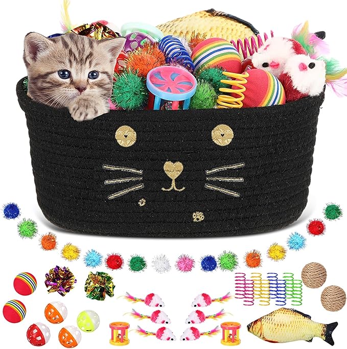 Zopeal 58 Pcs Mother’s Day Cat Storage Basket Gift Toys Set, Colorful Flashing Balls Pet Bell Crinkle Balls Spring Toys Attract Cat to Swat, Hunt, Interactive for Pet(Black,9.8 Inch)