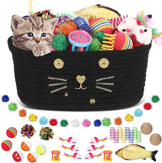 Zopeal 58 Pcs Mother’s Day Cat Storage Basket Gift Toys Set, Colorful Flashing Balls Pet Bell Crinkle Balls Spring Toys Attract Cat to Swat, Hunt, Interactive for Pet(Black,9.8 Inch)