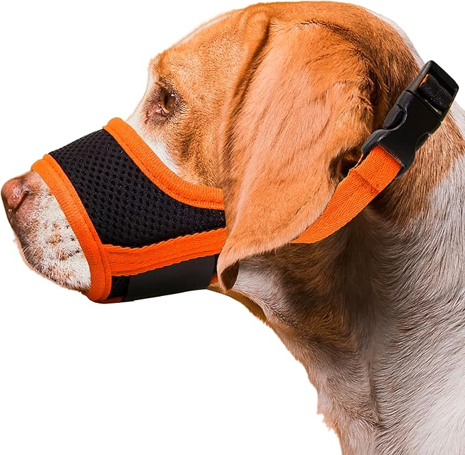 Seyezo Dog Muzzle, Soft Breathable Muzzle for Small Medium Large Dogs, Air Mesh Nylon Muzzle Cover Prevent Biting Barking Chewing, Adjustable Drinkable Pet Muzzle 6 Sizes (Orange,S)