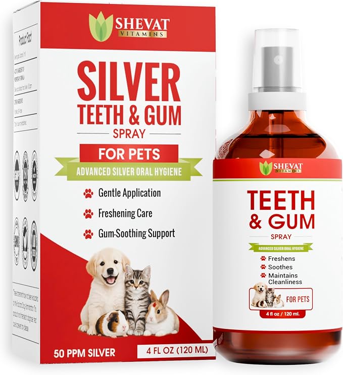 SHEVAT VITAMINS Teeth & Gum Dog Breath Spray for Pets Mouth – Cat Dental Care with Silver – Dog Breath Freshener Helps with Tartar & Caries – Plaque Remover for Daily Use – 4oz (120ml)