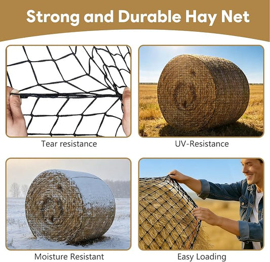 5×5 FT Round Bale Hay Net for Horses & Goats, Heavy Duty Knotless Slow Feed Hay Nets, 1.75" Mesh, Weather Resistant Round Bale Net with Repair Kit for Pasture and Barn