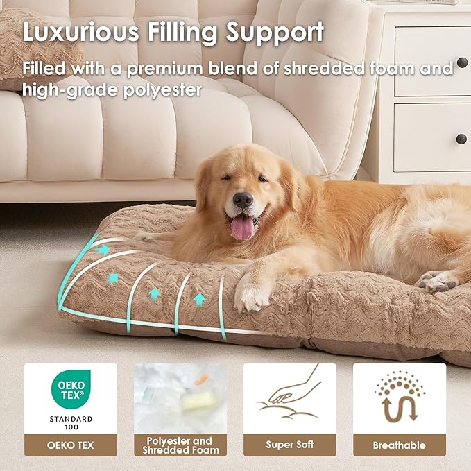 EHEYCIGA Washable Large Dog Bed for Crate 35x23 Inch, Reversible Kennel Pad for Dogs Weight Up to 45 lbs, Plush and Comfy Pet Sleeping Mat, Camel