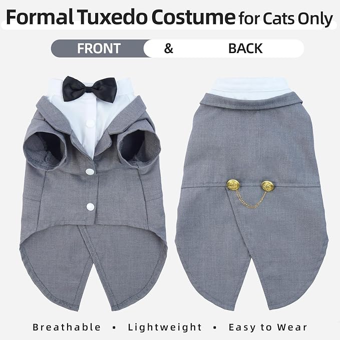 QBLEEV Cat Tuxedo Outfit with Bow Tie, Sphynx Cat Costume Formal Suit Wear | Soft breathable, stylish hairless clothes for cats only, kitten wedding birthday party shirt apparel for male boy