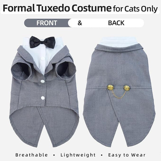 QBLEEV Cat Tuxedo Outfit with Bow Tie, Sphynx Cat Costume Formal Suit Wear | Soft breathable, stylish hairless clothes for cats only, kitten wedding birthday party shirt apparel for male boy