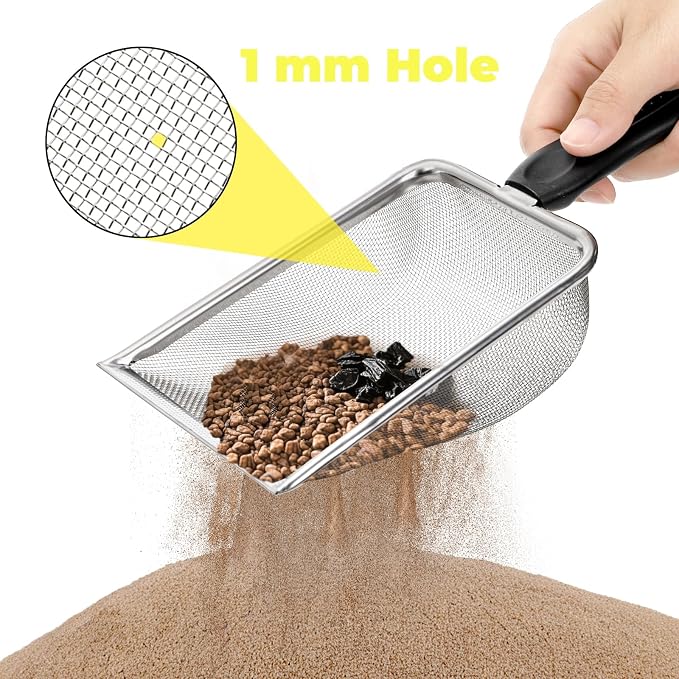 Hiceeden 4 Pcs Stainless Steel Small Mesh Scooper, Hamster Fine Sand Bath Scooper, Reptile Rabbit Litter Sand Waste Scoop, Beach Mesh Shovel for Shell Collecting, Shark Tooth Sifter, 1mm Hole