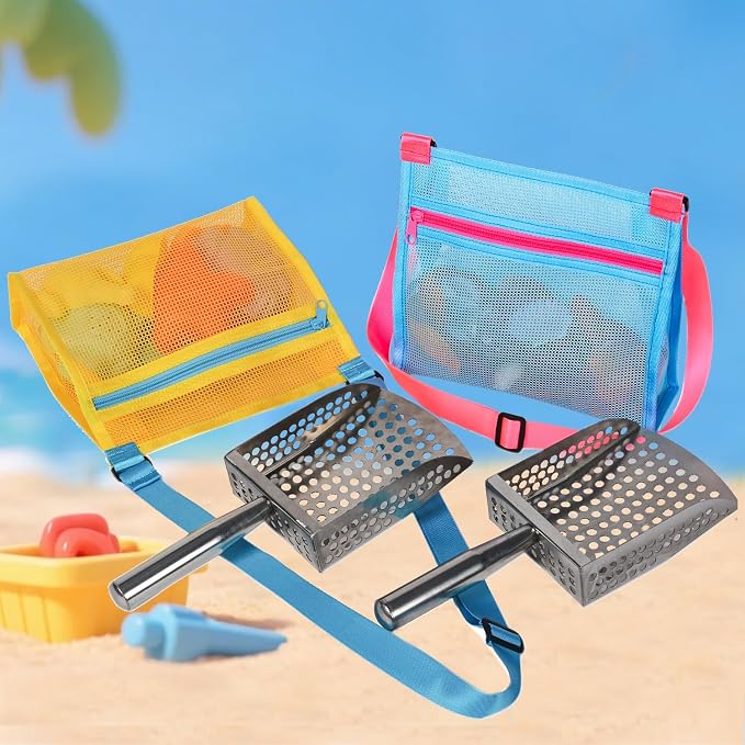 MUYIZI Sand Sifter Shovel with Mesh Beach Bag, Detachable Shell Scooper for Beach,Sand Scoop for Shell Collecting, Shark Teeth Sifter Dipper, Beach Toys for Kids & Adults(Bright Pink+Blue)