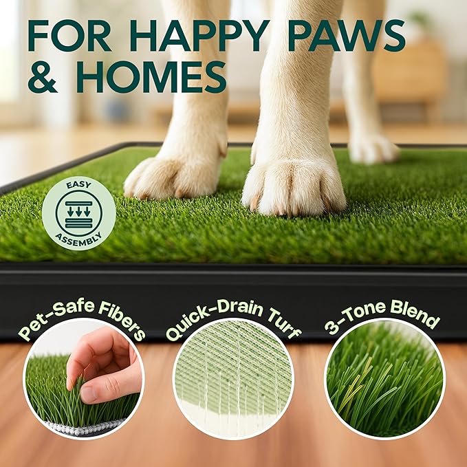 Dog Grass Pad with Tray 23”x35” – Artificial Pet Grass Patch for Dogs’ Potty with 2 Pcs of Washable Pee Pads & Puppy Potty Tray – Dog Litter Box Indoor & Outdoor for Puppy Training