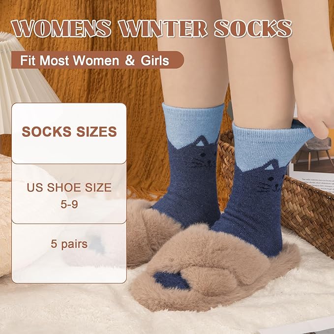 Justay 5 Pairs Womens Wool Socks Thick Warm Winter Socks Casual Cozy Socks Vintage Knit Crew Socks Gift for Women