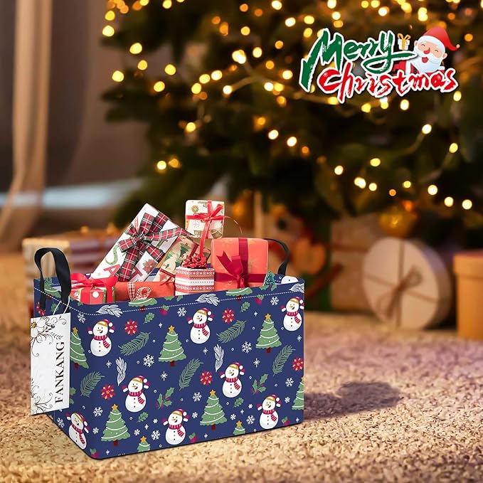 Storage Bins,Christmas Nursery Hamper Canvas Laundry Basket Foldable with Waterproof PE Coating Storage Baskets for Boys and Girls, Office, Bedroom,Toys(Rec-Christmas snowman ）