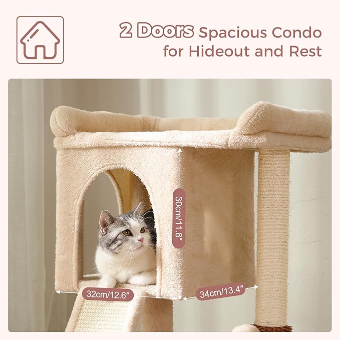 Small Cat Tree Tower for Large Cats with Spacious Top Bed 20x13.8”Private Cat Condo,Sisal Scratching Post and Ramp and Self Groomer and Spring Ball-Beige