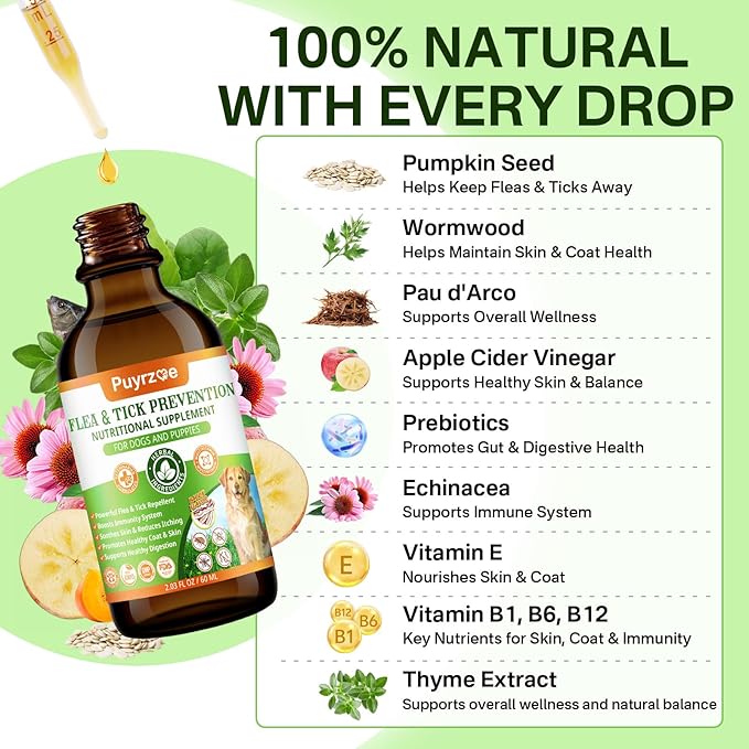 Puyrzoe Dog Flea Treatment Drops, Natural Oral Flea and Tick Prevention for Dogs with Pumpkin Seed, Echinacea, Omega-3/6/9- Support Immunity, Healthy Skin & Coat, Digestion & Overall Wellness