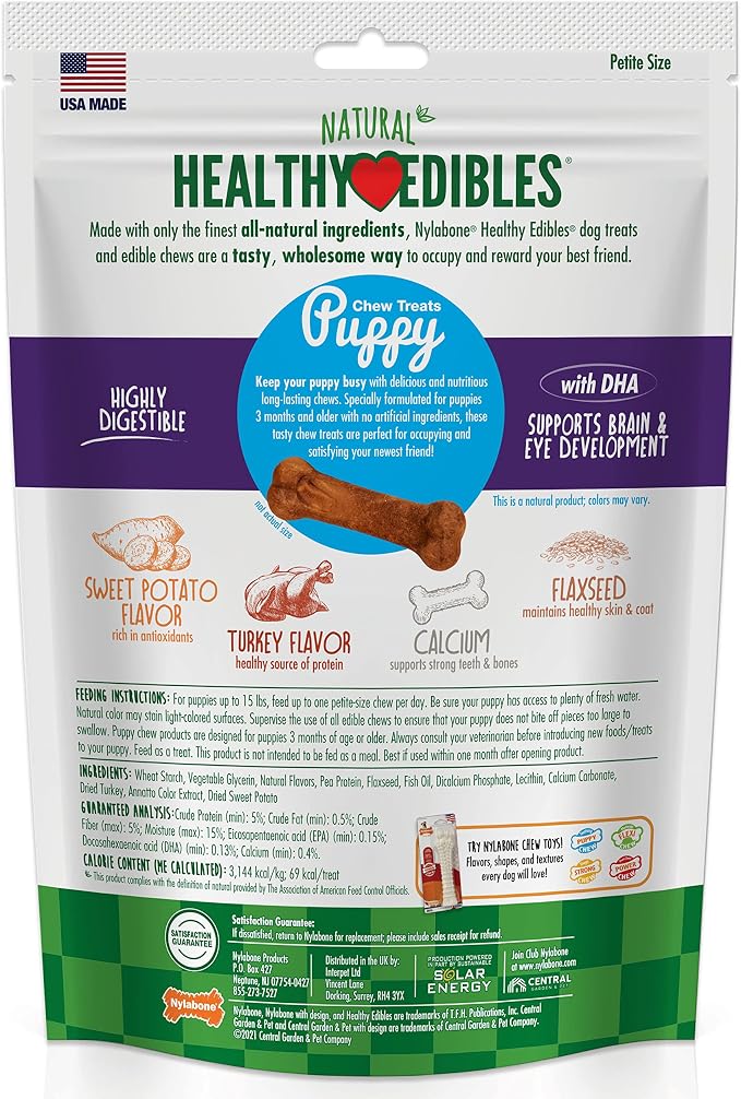 Nylabone Healthy Edibles Natural Puppy Chews Long Lasting Treats for Puppies, Turkey & Sweet Potato Dog Treats, X-Small/Petite (16 Count)