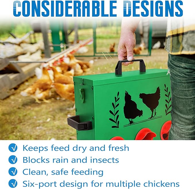 No Waste Automatic Chicken Feeder (30 LB), Rodent Resistant Metal Poultry Feeder with Locking Lid, Adjustable Stand & 8 Ports, Heavy Duty Weatherproof Feed Box for Hens, Ducks