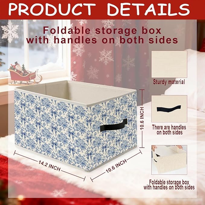 Blue and White Floral Bow Storage Bins, French Country Toile de Jouy Flower Foldable Closet Organizers Storage Basket Toybox for Clothes Bed Sheets Blankets Toys