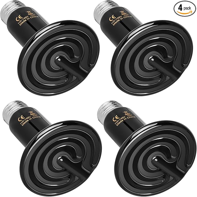 HealSmart 75W Reptile Heat Lamp Ceramic Heat Emitter, No Light Emitting Heat Bulbs, Suitable for Snake/Lizard/Spider, Plant Growth and Incubating Chicken, 4-Pack