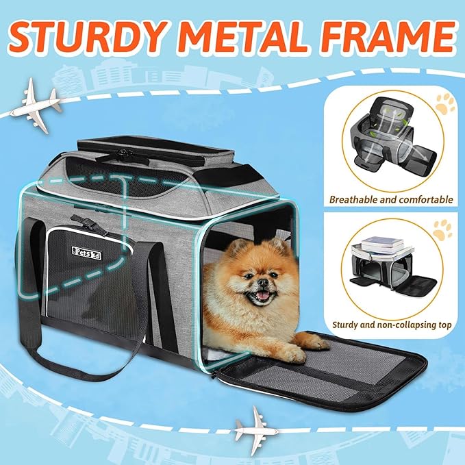 Petskd Top-Expandable Pet Carrier 18x11x11 Inches Delta American United Airline Approved, Soft-Sided Carrier for Small Cats and Dogs with Locking Safety Zippers and Anti-Scratch Mesh(Grey)
