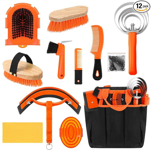 Abbylike 12 Piece Horse Grooming Kit with Organizer Tote Bag Brush Sets for Derby Day Show Horses Professional Tools for Care & Massage(Orange)