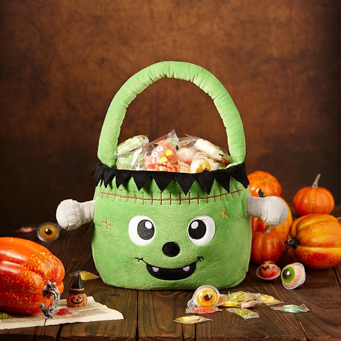 Halloween Plush Treat Basket, Halloween Candy Basket, Trick-or-Treat Bag (Green Frankenstein)