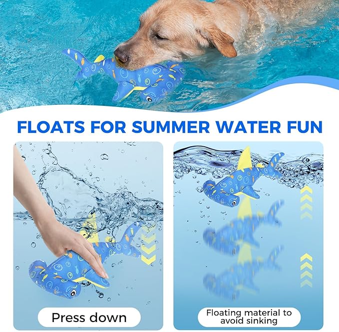 BINGPET Floating Dog Toys, 2 Pack Durable Squeaky Shark Water Toy for Pool Beach Outdoor Interactive Fetch, Oxford Fabric Summer Swimming Pool Toys for Small Medium Large Dogs