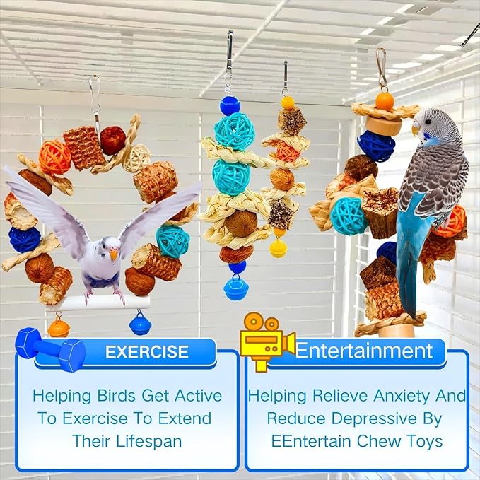 Parakeet Swing Toys,Bird Cage Hanging Chewing Toys,Natural Bird Parrot Foraging Toys for Budgerigar Conure Cockatiel Lovebirds Finches