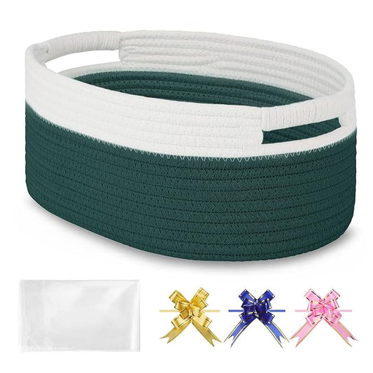 Small Woven Basket with Gift Bags and Ribbons, Empty Baby Gift Baskets for Kids Women Men, Shelf Storage, Small Cat Dog Pet Toy Boxes, 13”x 9”x 5.5”, Dark Green