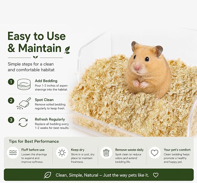 35oz Natural Aspen Wood Pet Bedding – Low Dust, Odor Control & Ultra Absorbent Shavings for Hamsters, Parrots, Guinea Pigs & Small Animals