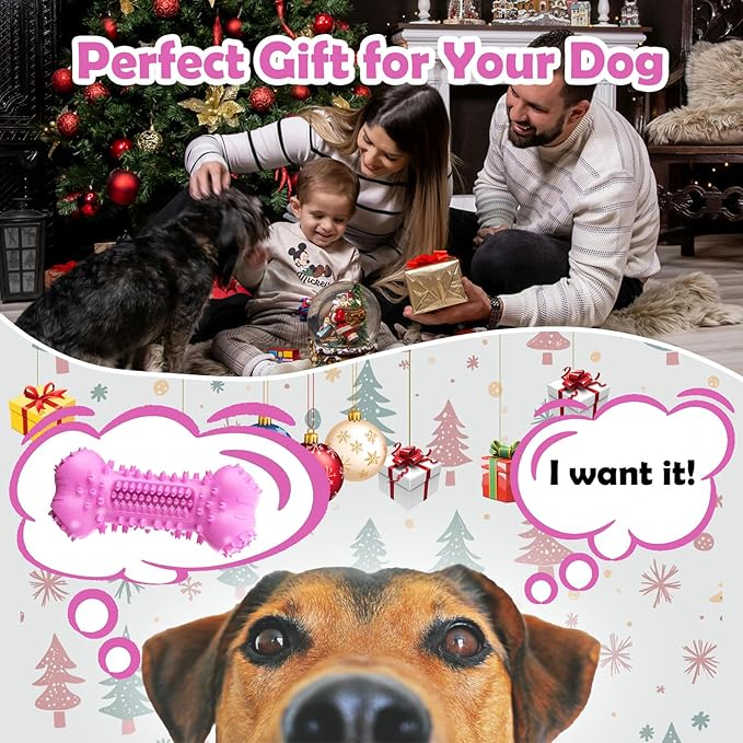 Toothbrush Dog Chew Toy, Stick Bone for Dog Teeth Cleaning, Tooth Brushing, Teething Chew Toys, Interactive Treat Dispenser Toy & Bite and Brush Toy for Medium and Large Dogs - Pink