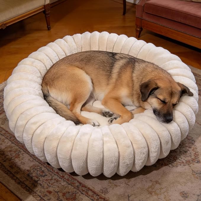 Donut Dog and Cat Bed, Luxurious Comfortable Faux Rabbit Fur Pet Beds, Round Anti-Anxiety Calming Puppy Kitten Bed with Anti-Slip Bottom for Small Medium Dogs & Cats(29", Brown)