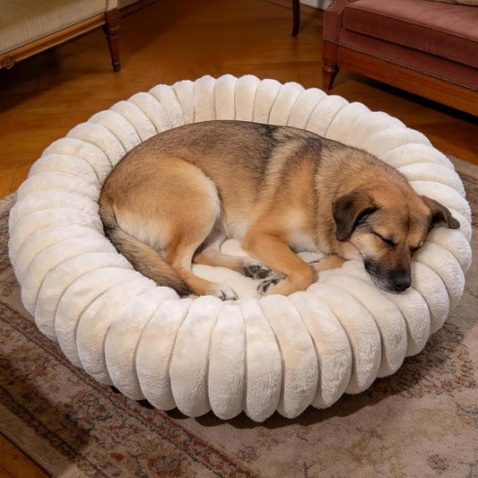 Donut Dog and Cat Bed, Luxurious Comfortable Faux Rabbit Fur Pet Beds, Round Anti-Anxiety Calming Puppy Kitten Bed with Anti-Slip Bottom for Small Medium Dogs & Cats(29", Brown)