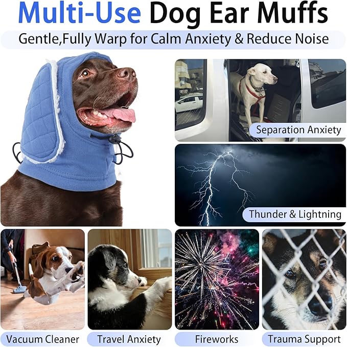 MIGOHI Adjustable Dog Ear Cover for Small Dogs,Dog Ear Muffs with Sound-Absorbing Pads,Head Wrap Calming Hoodie for Dogs Noise Anxiety,Thunder,Fireworks,No Flap Ear Wraps for Dogs Hematoma,S,Blue