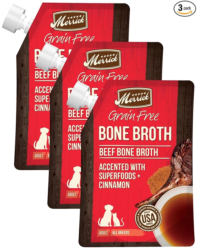 Merrick Grain Free Bone Broth, Premium Human Grade And Gluten Free Dog And Cat Food Topper Pouches, Beef - 16 oz. Pouch (Pack of 3)