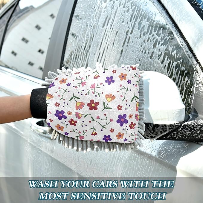 Car Wash Mitt Microfiber Wash Mitts for Car Washing Scratch-Free Cleaning Gloves Soft Non Absorbent Chenille Auto Hand Mitt Large 2Pack Wildflower