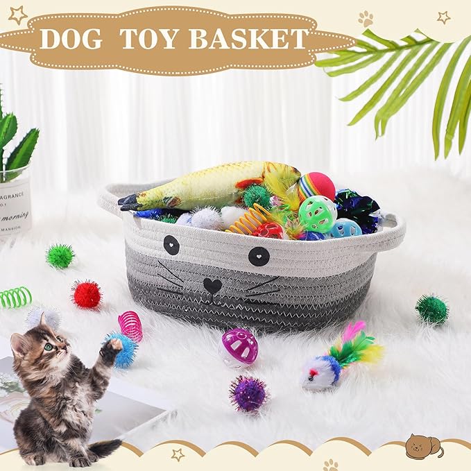Zopeal 58 Pcs Mother’s Day Cat Storage Basket Gift Toys Set, Colorful Flashing Balls Pet Bell Crinkle Balls Spring Toys Attract Cat to Swat, Hunt, Interactive for Pet(Multicolor,9.8 Inch)