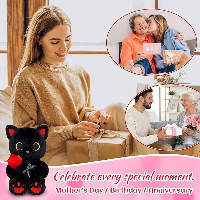 Black Cat Plush with Rose- 8" Kawaii Stuffed Cat Gifts for Women Cute Stuffed Animal for Kids & Adults, Mother Day Mom Birthday Wedding