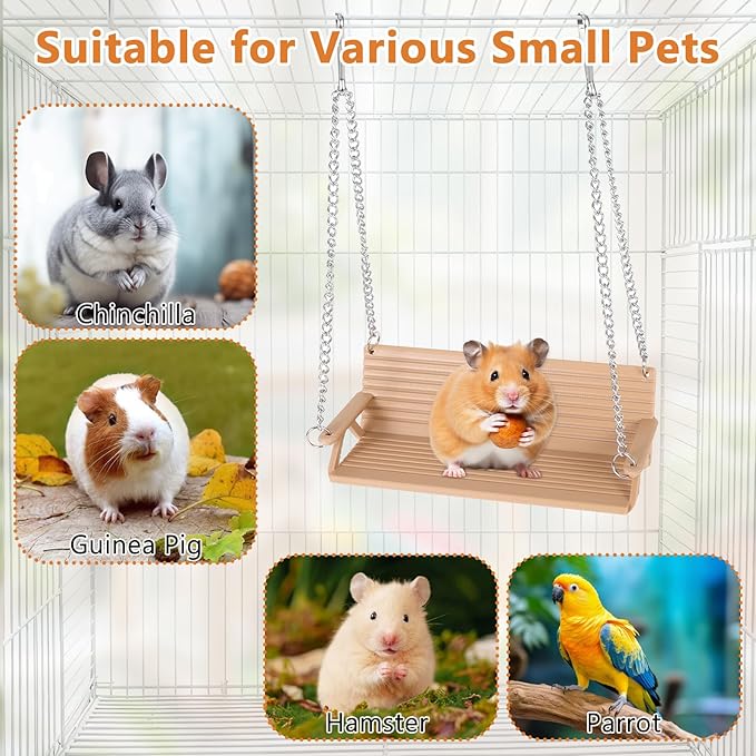 Wooden Chinchilla Hammock with Metal Hooks, Indoor Cage Bench Swing,Hanging Rest Stand & Exercise Toy, Small Animal Cage Accessories for Chinchillas, Rabbits, Guinea Pigs