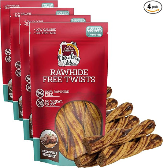 Country Kitchen Rawhide Free Beef Twists Dog Chews,Made with Real Beef, Highly Digestible, Gluten Free, 3 Count (Pack of 4)