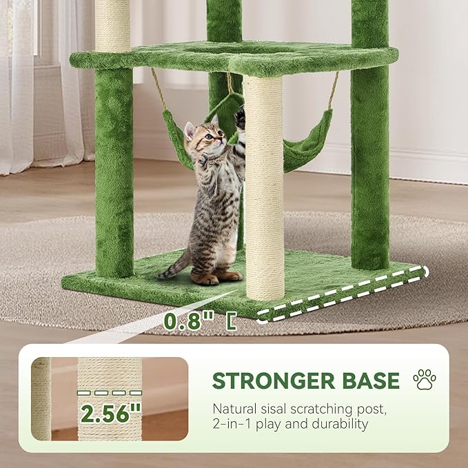 61" Large Cat Tree Tower for Indoor Cats with DIY Green Leaves Scratching Post Multi Soft Hang Ball Plush Cat House Furniture 360° Rotating Cat Scratch Board with Hammock, Green
