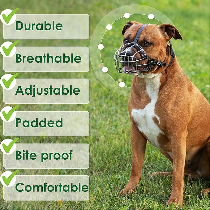 BRONZEDOG Pitbull Dog Muzzle Metal Mask Amstaff Wire Basket Pit Bull Adjustable Leather Straps for Large Dogs (Pink)