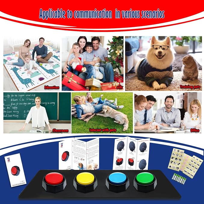 Recordable Buttons, Dog Buttons for Communication, Pack of 4 Colored Buzzers with Mat & 30 Scene Stickers 15 Custom Stickers. Non-Slip Stickers Inside