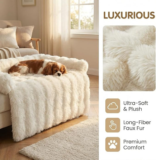 Calming Dog Bed for Couch, 29.5 x 29.5 inch Removable Couch Cover for Dogs Washable, Non-Slip Fluffy Plush Dog Sofa Mat for Furniture Protector (White)