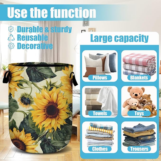 Retro Sunflower Laundry Basket, Floral Laundry Hamper Collapsible Oxford Cloth with Handle Clothes Storage Bin for Bathroom Laundry Room Bedroom 15.7 X 20 Inch
