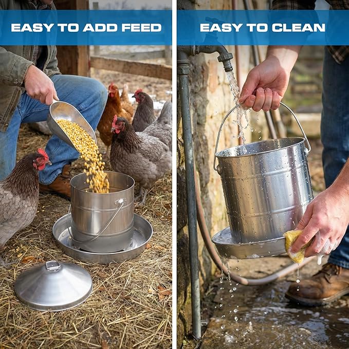 Plexon 17.6 Lb Stainless Steel Hanging Chicken Feeder no Waste Food-Grade Large - Turkey Duck Poultry Feeder for Chicken Metal - Heavy Duty Reliable Long-Lasting with Handle