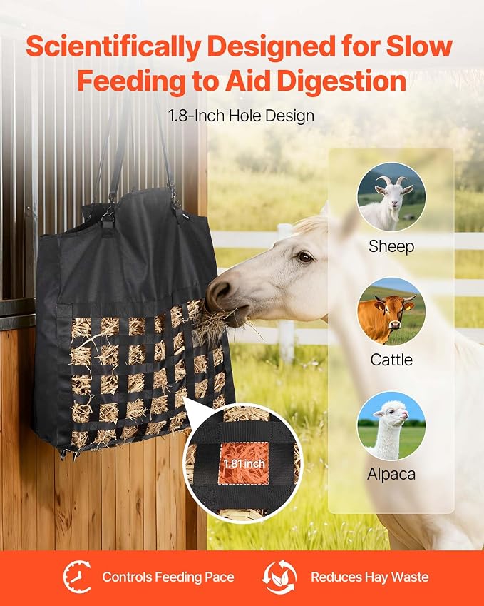 VEVOR Hay Bag for Horses, 21.65 x 7.28 x 25.2 in, 1.81 x 1.81 in Holes, Premium Nylon Construction with PVC Waterproof Coating, Adjustable Hanging Straps and Metal Hooks, Slow Feed Hay Bag for Horses