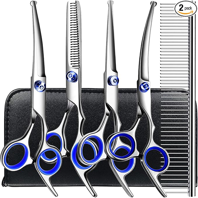 Professional 6 in1 Dog Grooming Scissors Kit, Titanium Coated Dog Scissors for Grooming, Grooming Shears Kit for Dogs Cat Pet At Home