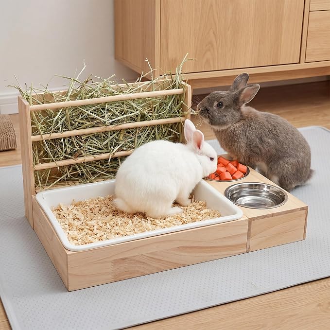 3-in-1 Rabbit Hay Feeder, Rabbit Litter Box with Hay Feeder and Bowls, Guinea Pig Hay Feeder, for Rabbits, Guinea Pigs, Small Animals