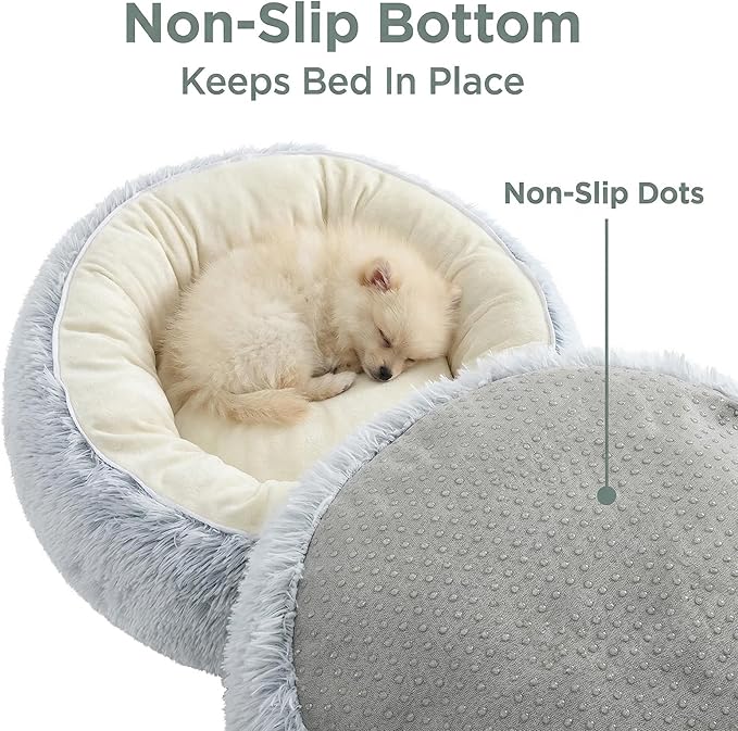 Calming Donut Dog Bed Cat Bed, Fluffy Long Fur Outer & Short Fur Inner, Sweat-Free Cozy Cuddler, Non-Slip Bottom,for Small Medium Dogs Cats Puppy Kitten (Donut Bed - Grey, Large Size 23.6 in)