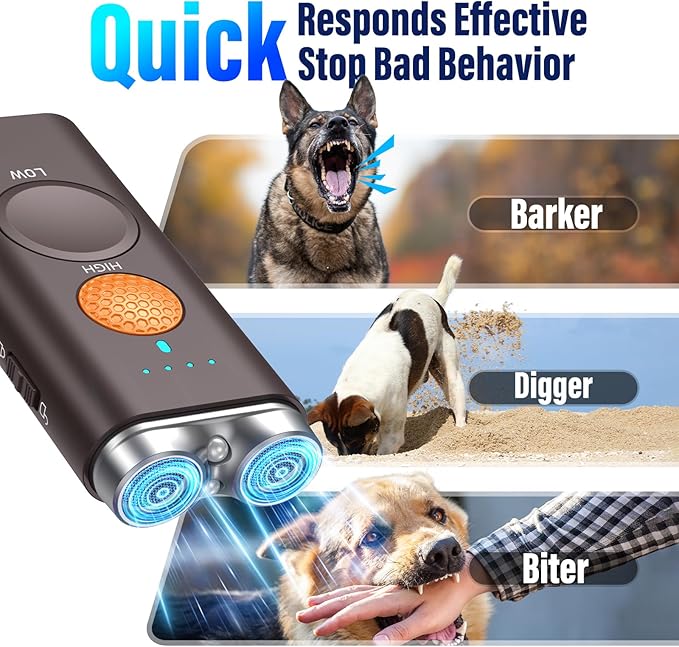 Dog Bark Deterrent Device, Anti Barking Device for Dogs Training Indoor Outdoor No More Bark Ultrasonic 2X Effective Emitters 50ft Range to Stop Neighbors Dog Barking Rechargeable for All Dogs