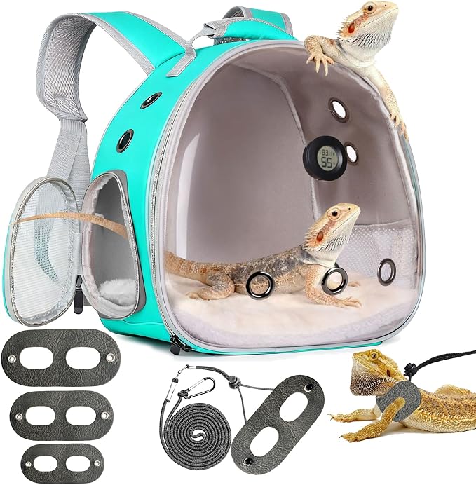 Bearded Dragon Travel Backpack Carrier with Reptile Thermometer and Humidity Gauge Lizard Travel Cage Space Capsule Clear Bubble Window Astronaut Reptile Bag for Ball Python (Green, Backpack+PG LSH)